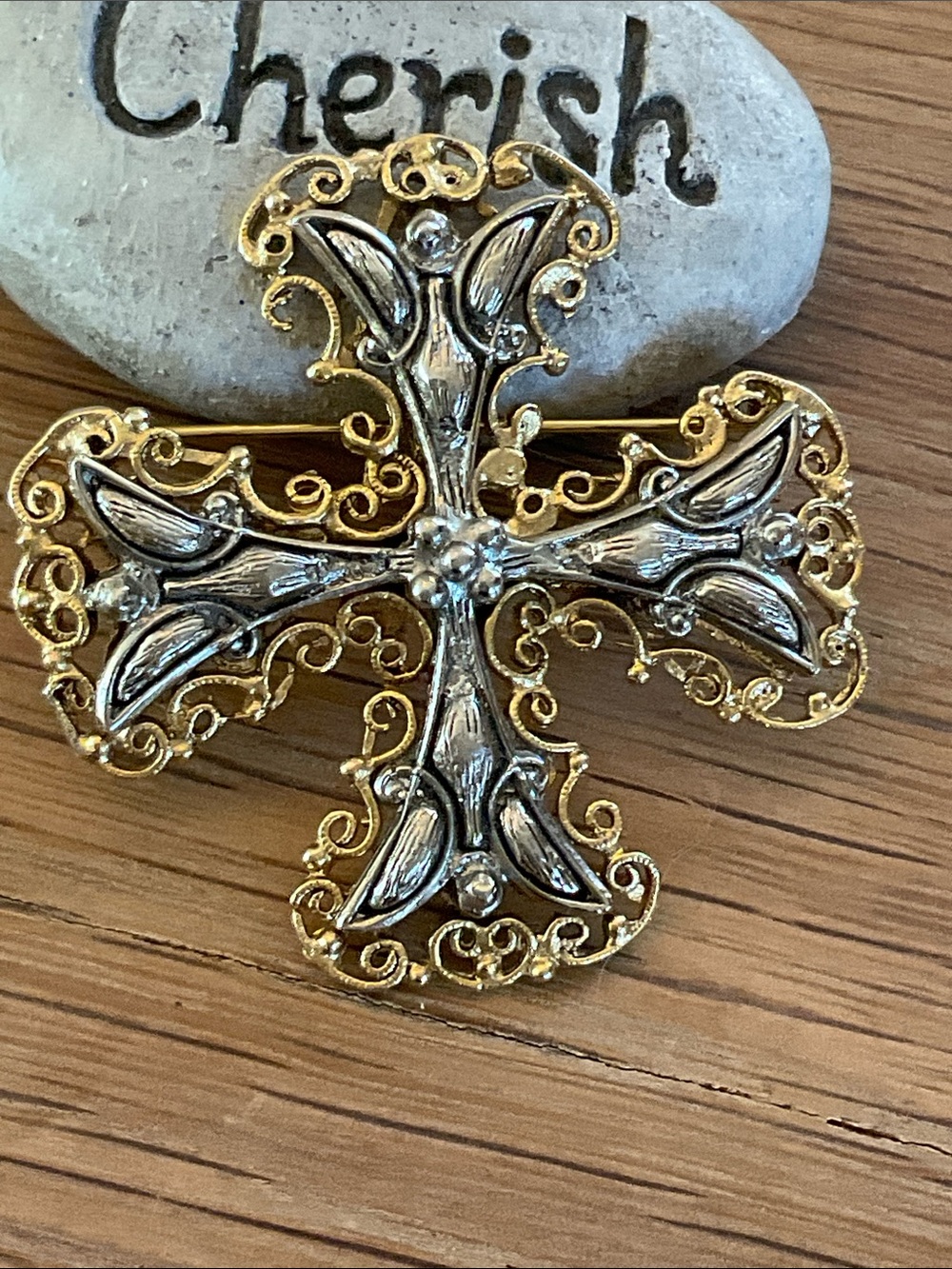 Vintage Byzantine Style Two Toned Filigree Cross Brooch Antiqued Gold & Silver